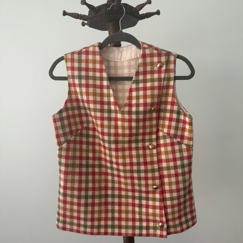 Vintage Plaid Wool Vest Shirt Gold Buttons Overlap Front Sleeveless Sz M